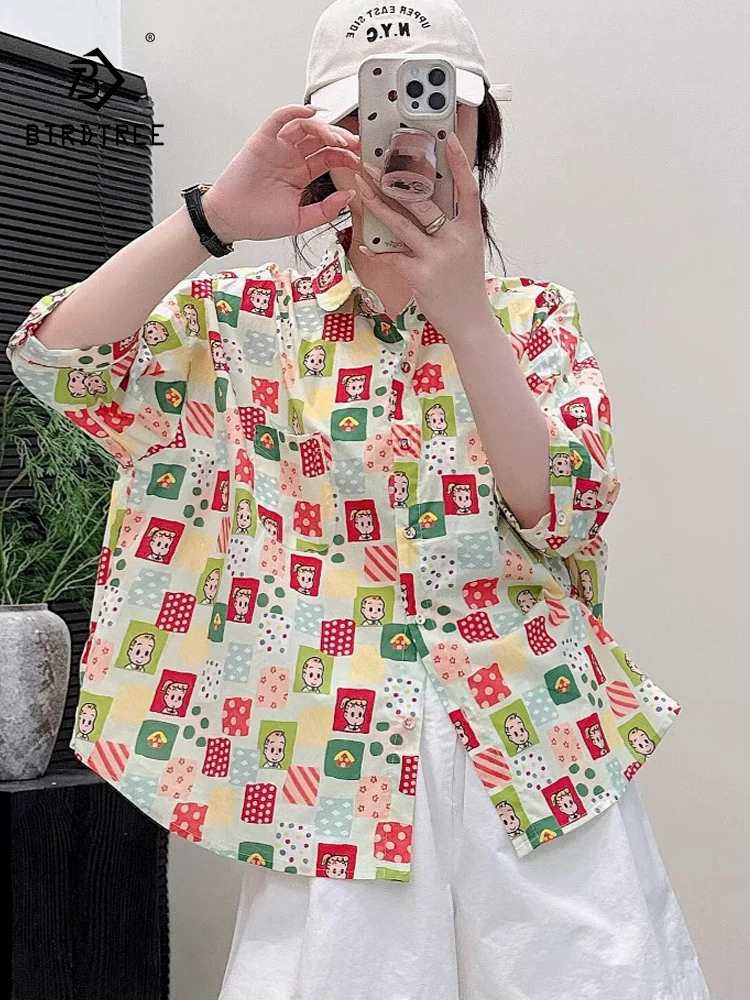 

New 2025 Summer Cotton Short Sleeve Shirt, Women Turn-down Collar Cute Print, Mori Girl Fashion Commute Loose Blouse T56323CC