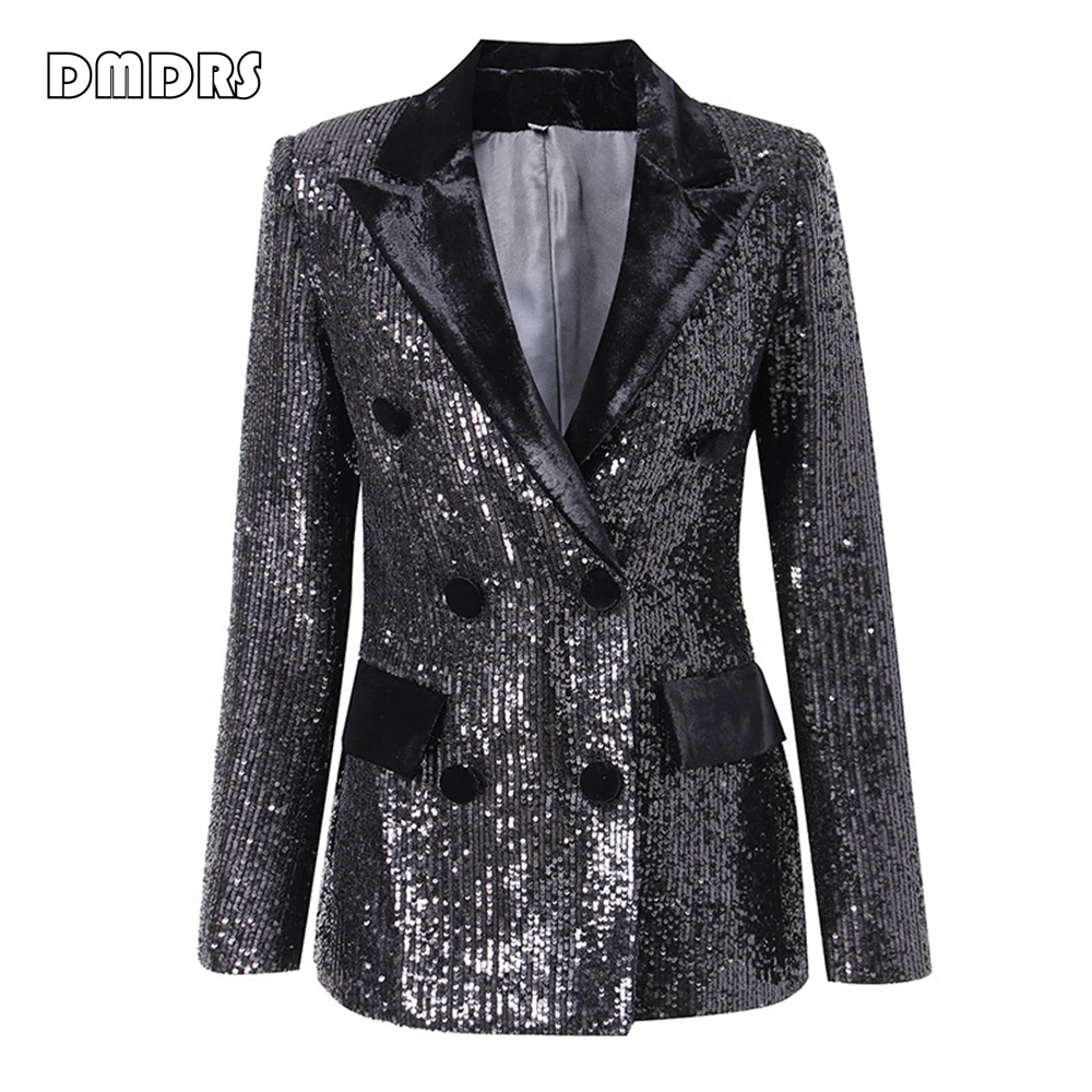 Fashionable Sequins Suit Blazer with Velvet Notch Collar, Slim Fitting Women's Shiny Suit Jacket,  High Street Costume Outfit