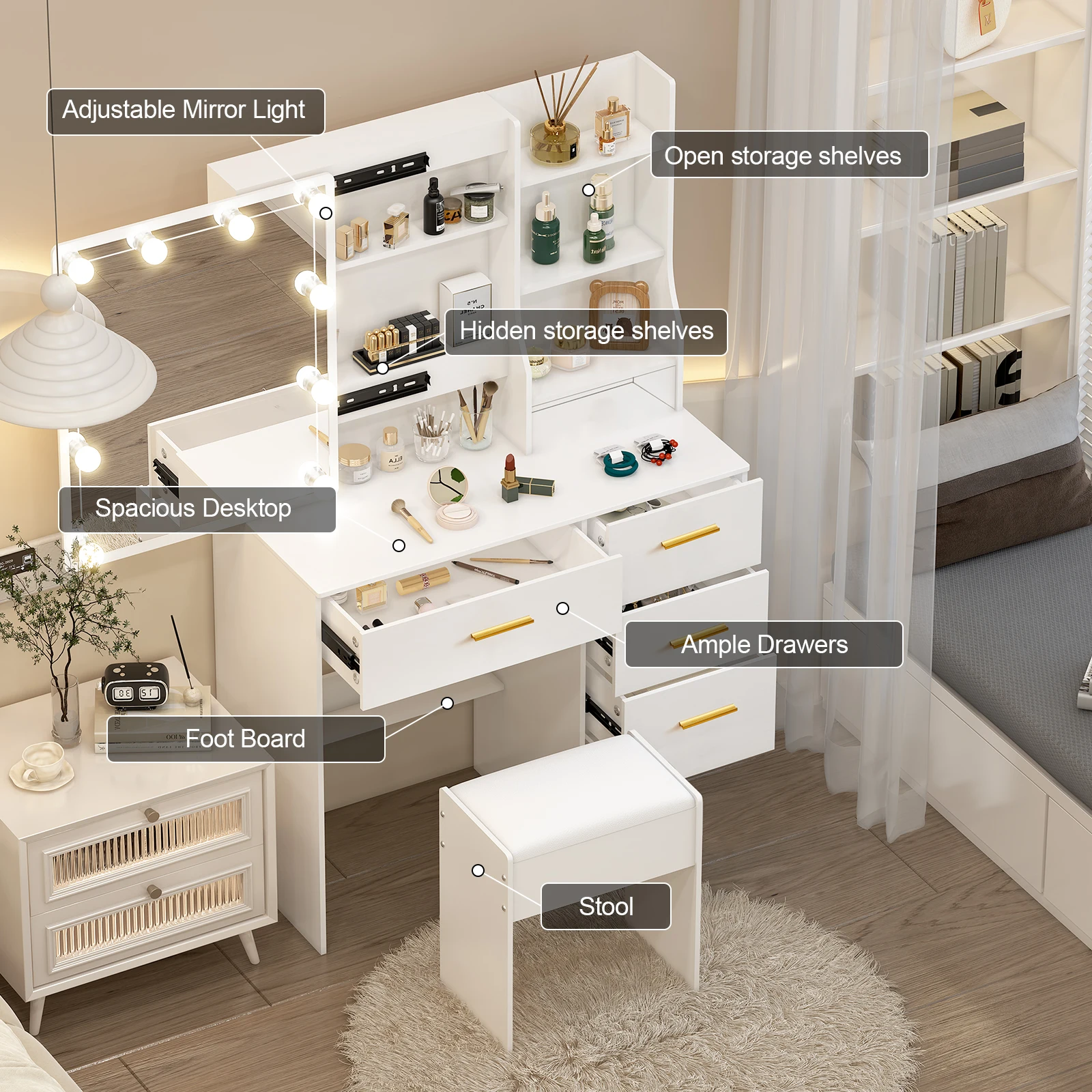 【صفقات 11.11، عروض الجمعة السوداء 2025】مقعد طاولة مع مرآة و10 لمبات إضاءة LED ومكتب مكياج