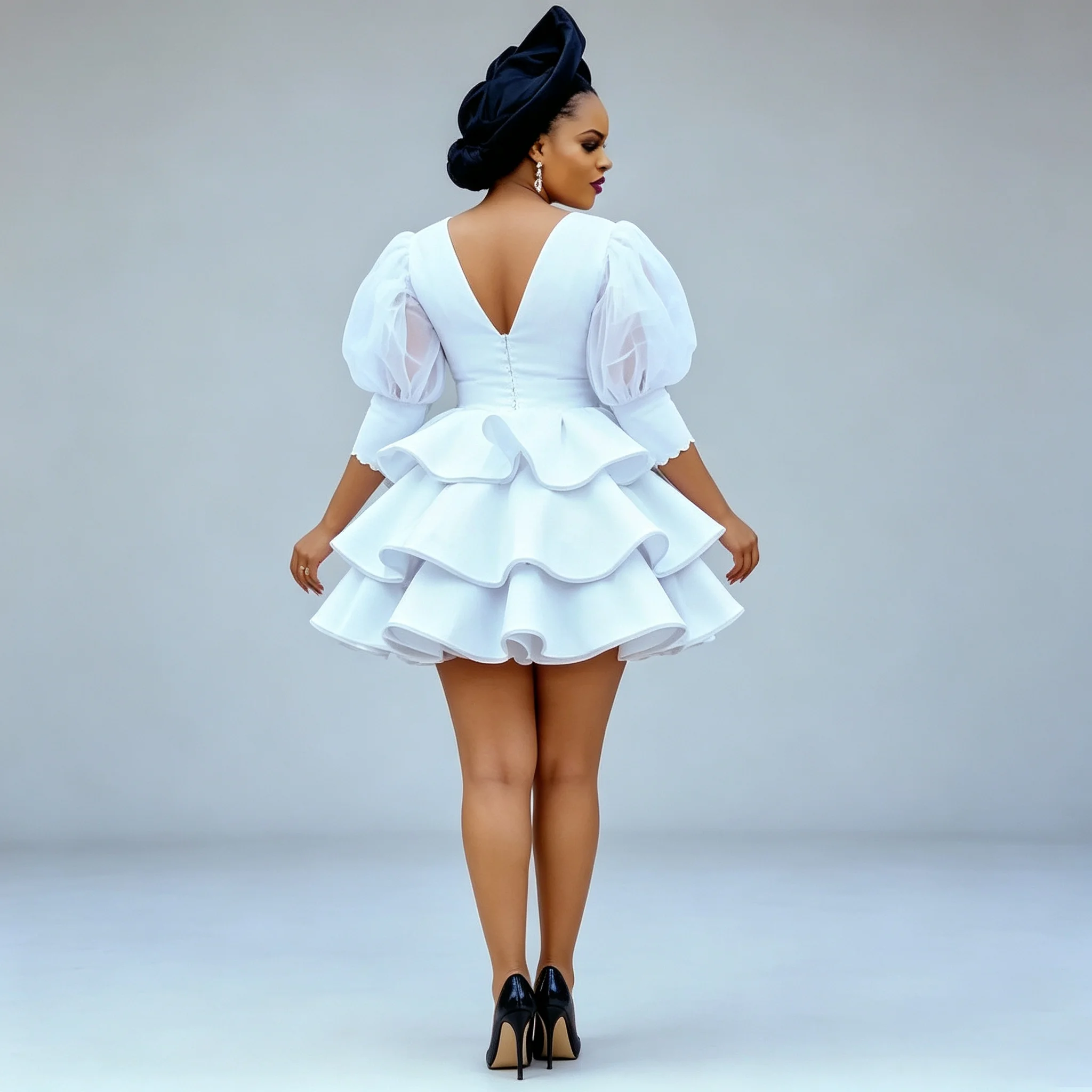 Elegant White Short Formal Dress Puff Sleeve Sheer V Neck High Waist Multi Layer Ruffle Hem Mini Gown For African Women Birthday