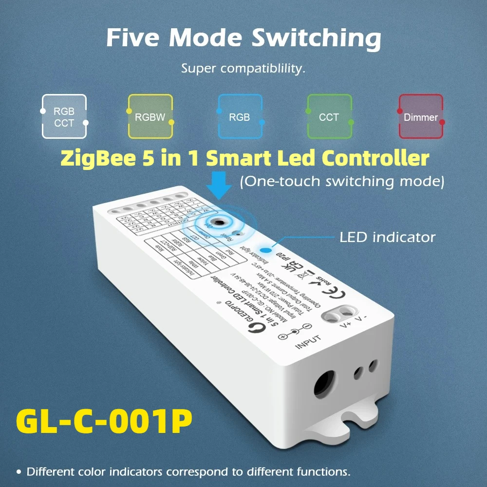 

GL-C-001P Zigbee 3,0 DC12-54V 5 в 1 RGBCCT/RGBW/RGB/CCT/диммер контроллер светодиодных лент, совместимый с пультом дистанционного управления через приложение/голос/RF