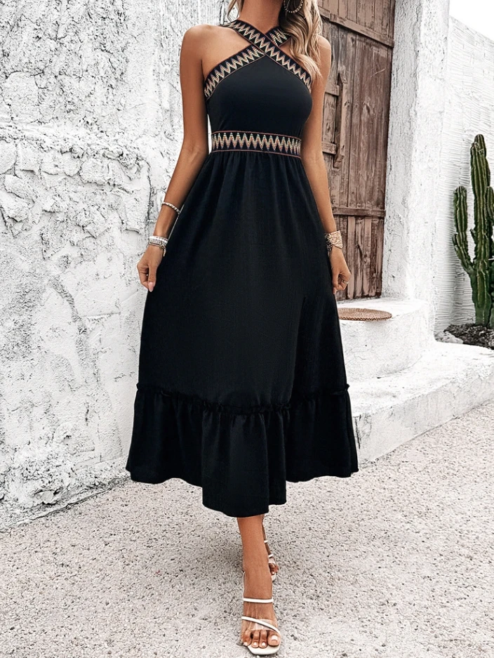 

Elegant Socialite High Waist Cross Neck Dress for Women Novelty Woman Dress 2025 Elegant Midi Women's Dress