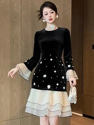 Elegant Birthday Cocktail Party Cake Dress Women's Clothing French Lovely Sequins Flower Diamond Robe Catwalk Vestidos Fiesta