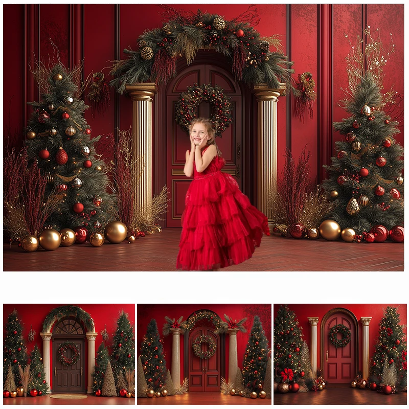 

LS Photography Background Winter Christmas Snowy Red Front Door Xmas Tree Kids Family Portrait Decor Backdrop Photo Studio
