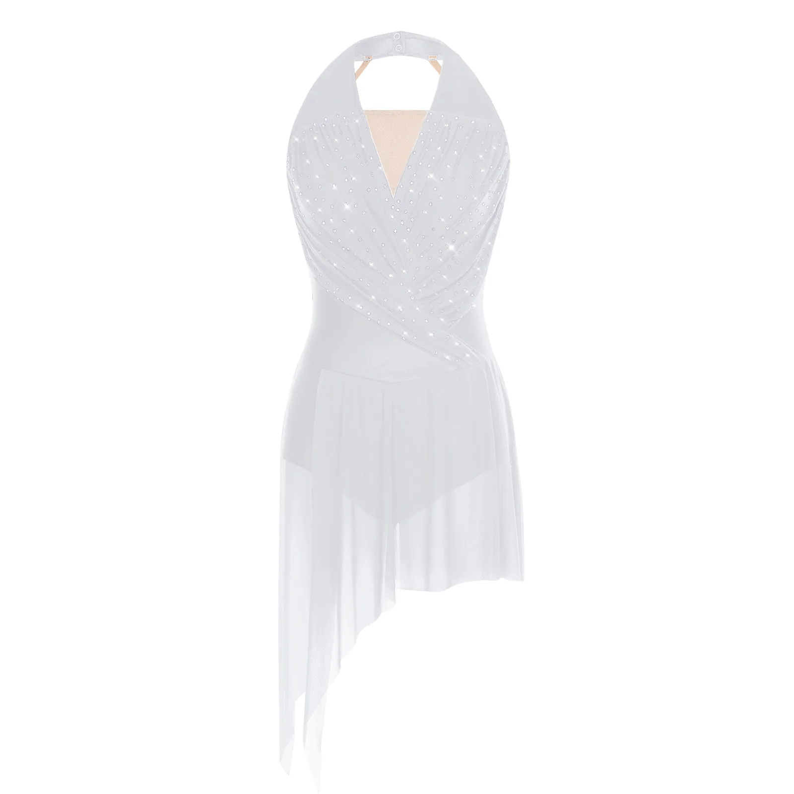 

Women Figure Skating Leotards Dress Ruched Rhinestones Backless Irregular Hem Bodysuit Dress for Latin Samba Rumba Jazz Dance