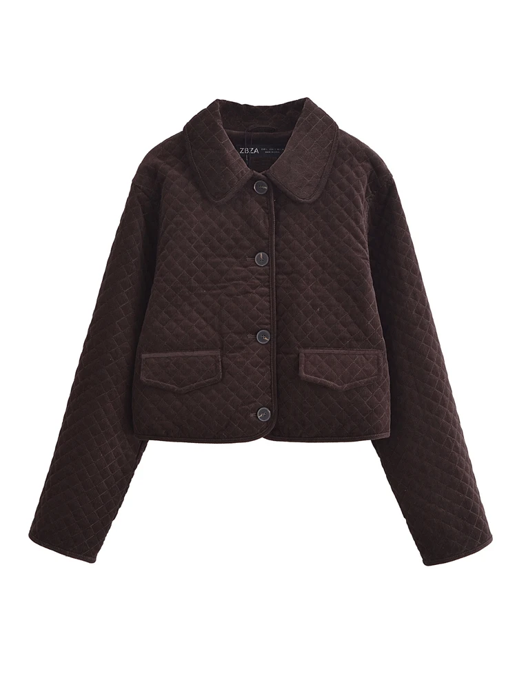 KAOPU ZA Women quilted corduroy jacket vintage lapel neck long sleeves button-up female outerwear chic top