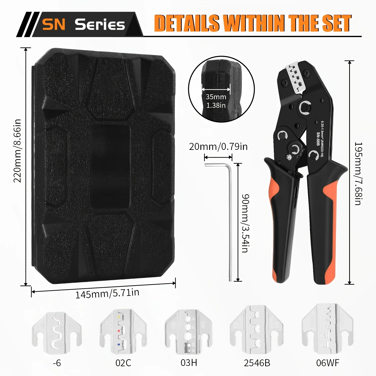 SN58B Crimper Kit with8Dies, Ratchet Laborsaving Pliers, Crimp Tool for Dupont, Insulated, Ferrule, Solar, Open Barrel Terminals