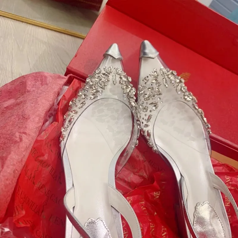 

2025 Spring New Women's Transparent PVC Sandals Pointed Toe Low Heel Back Strap Rhinestone Decoration Elegant Women's Shoes