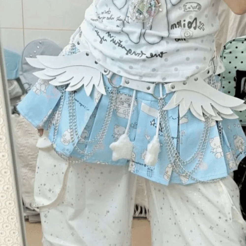 Trend PU Leather Wing Rivet Belt Spicy Girl Harajuku Style Y2K Belt Metal Chain Retro Punk Waistband Performance Clothing