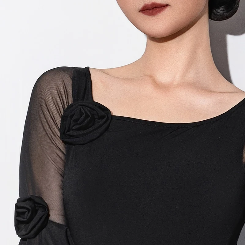 2025 Ballroom Dance Performance Costumes Women Mesh Top Big Swing Fishbone Skirt Modern Dance Waltz Competition Wear DN21431