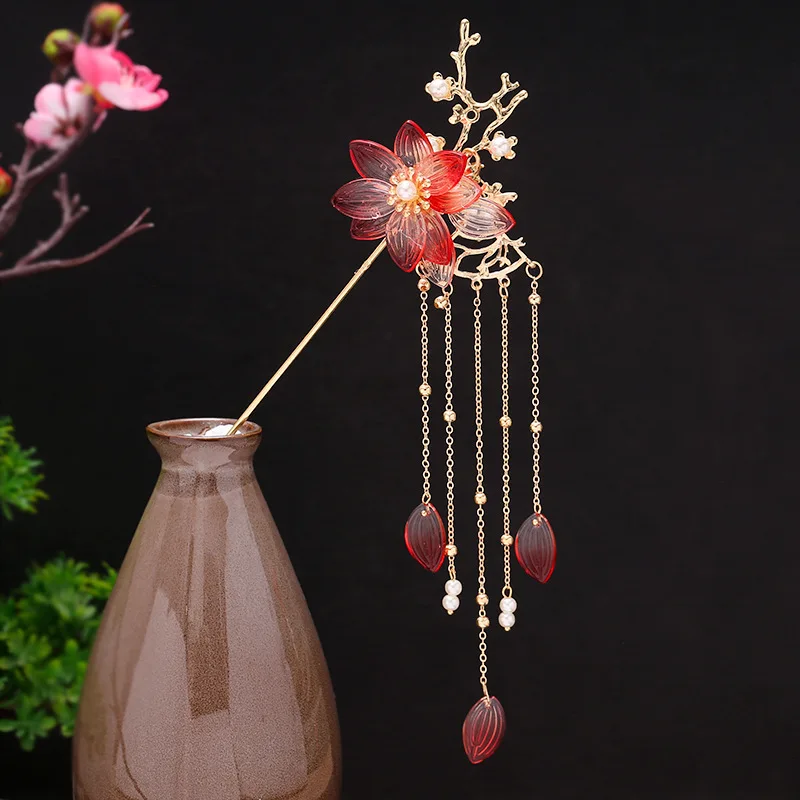 Gold Color Red Flower Pearls Long Tassels Hair Sticks Hairpins Chinese Wedding Hair Accessories Bride Hair Jewelry Headpieces