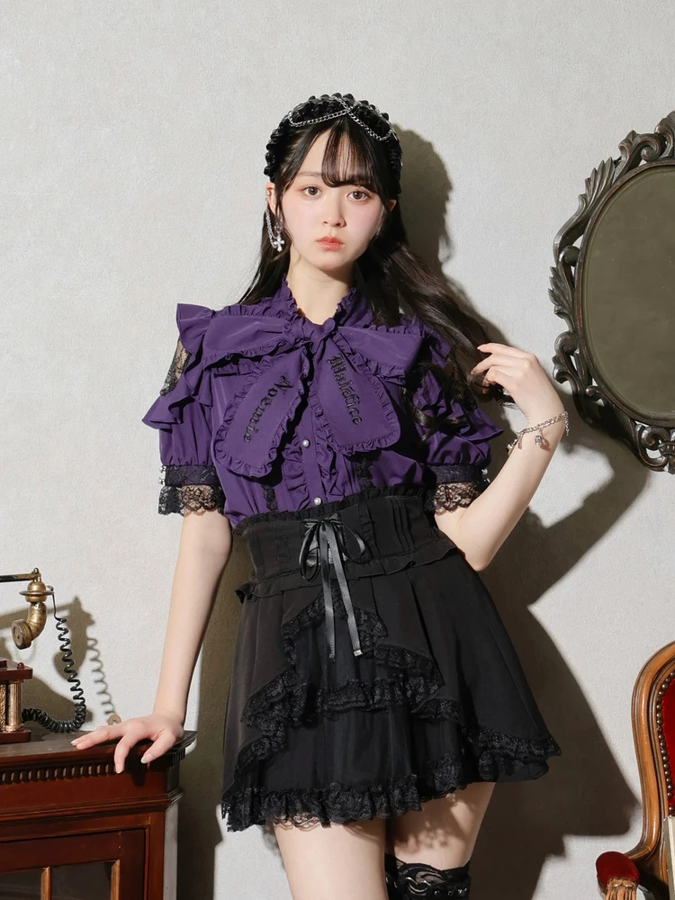 Japanese Lolita Gothic Ruffles Off-Shoulder Bow Short Sleeve Top 2025 Summer New Embroidered Lace Short Sleeve Personality Shirt