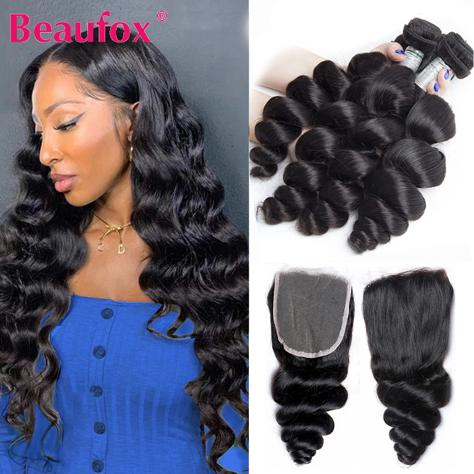 Beaufox Loose Wave Bundles With Closure Remy Human Hair 3 4 Bundles With Closure Brazilian Hair Weave Bundles With Closure 30 In