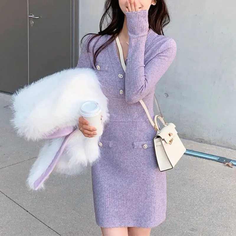 

2025 French Chic V Neck Knit Dress Women Slim Fit Bodycon Heiress Style Purple Base Layer Fall Winter Boucle Office Luxe Outfit