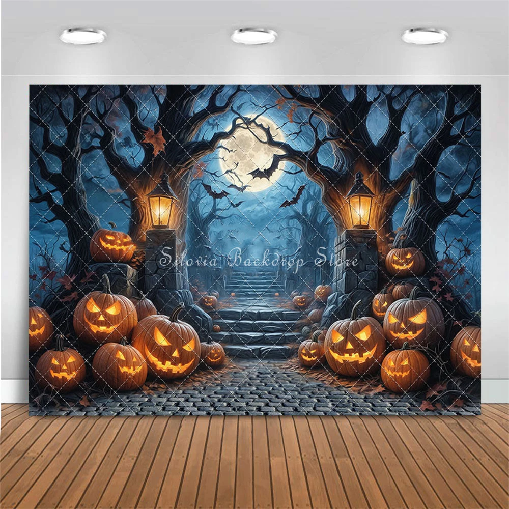 Halloween Background Proceed With Caution Photography Backdrops Night Cemetery Pumpkin Photocall Cake Smash Photo Studio Props