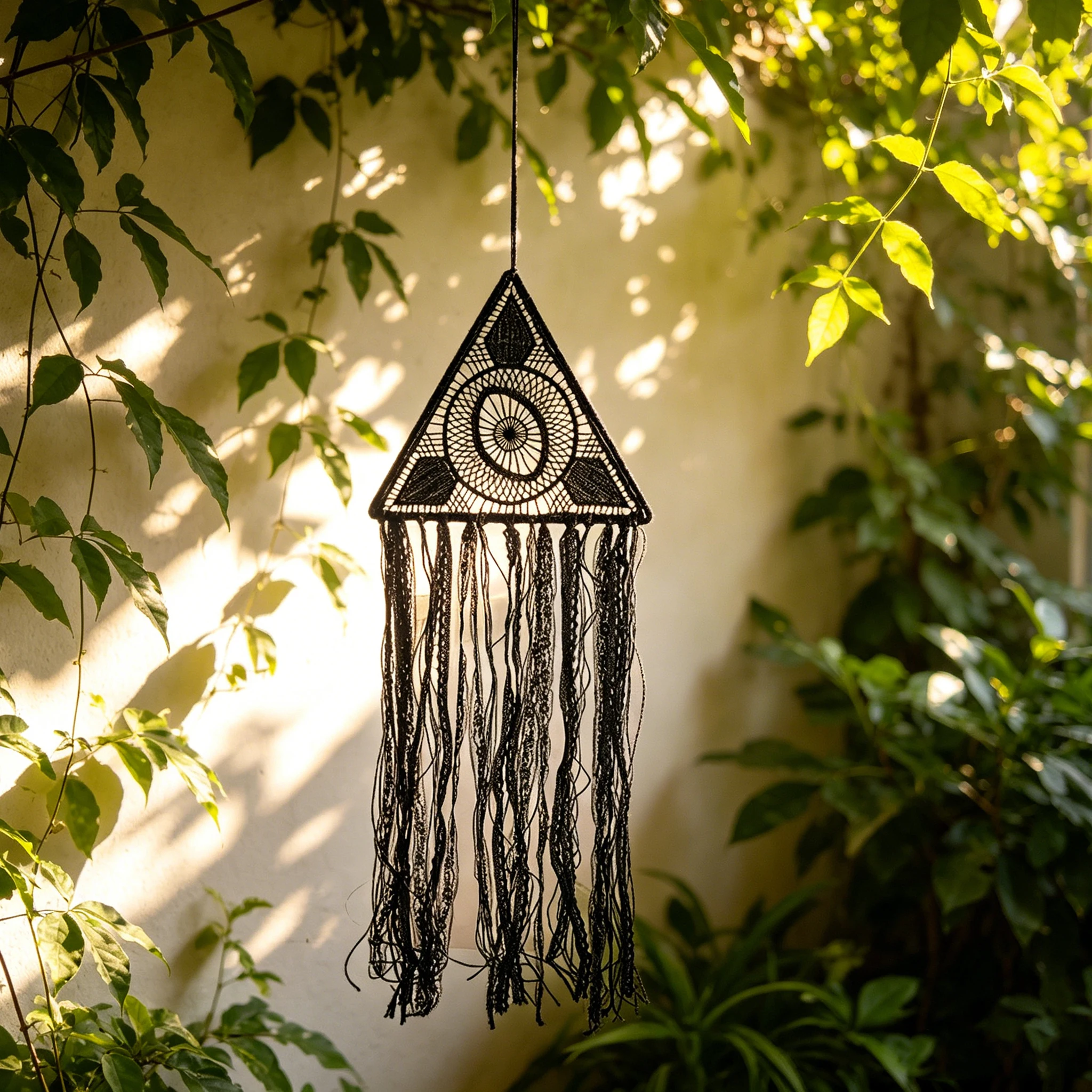 Hand Woven Black Triangle Dreamcatcher with Tassels Boho Mystical Wall Decor for Home Party and Camping