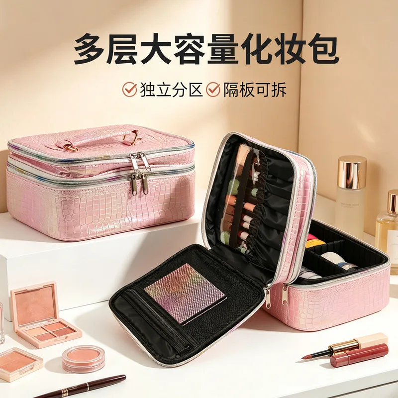 Tattoo-style, iridescent crocodile-patterned makeup bag, large capacity, portable, with handle,