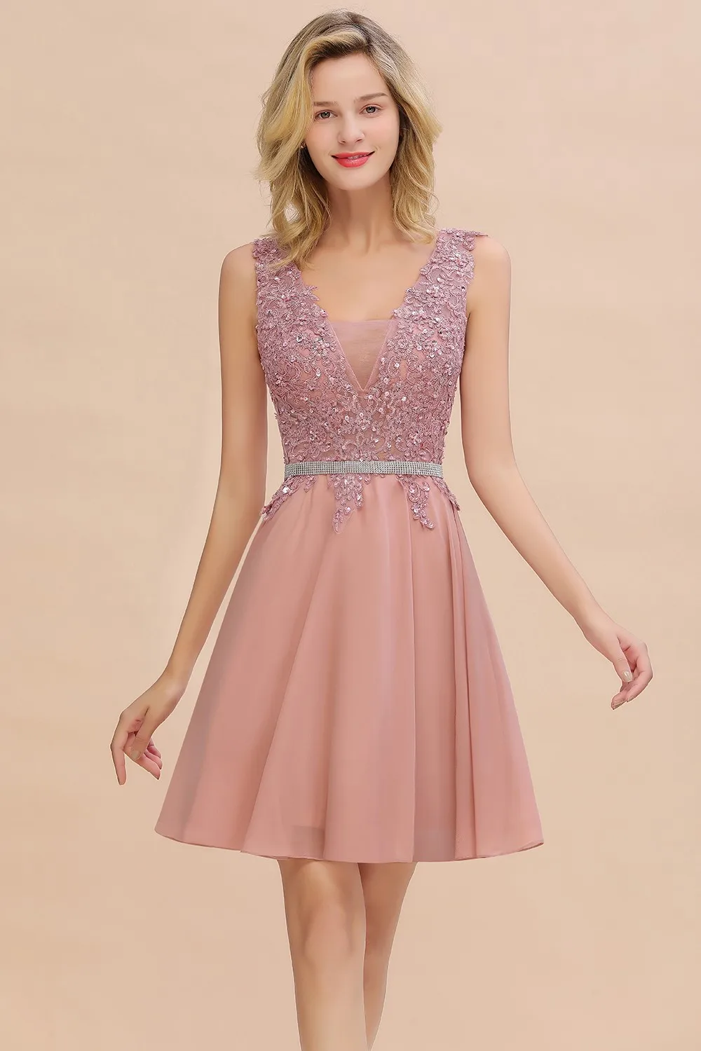 FATAPAESE Elegant Cocktail Dress V-neck with Beading gem Stones Bodice Crystal Belt A Line Mini Short Ball Prom Party Gown