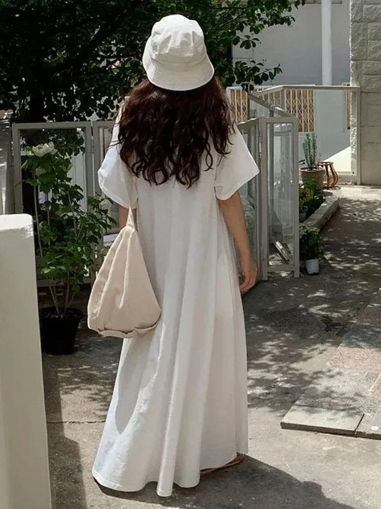 Summer Fashion Versatile Casual Women Short Sleeved T-shirt Dress Lazy Style Round Neck Solid Color Loose Fitting Women's Dress