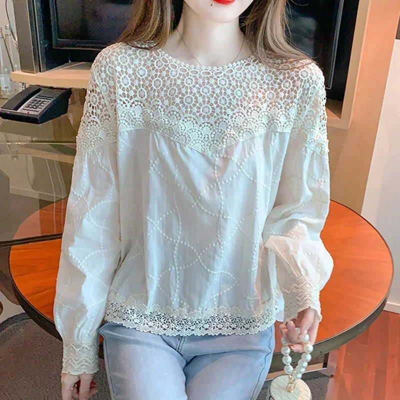 Elegant Sexy Hollow Out Lace Shirt Women Korean Fashion Casual Blouse Loose Clothes Autumn Long Sleeve Blouses Women Tops 28775