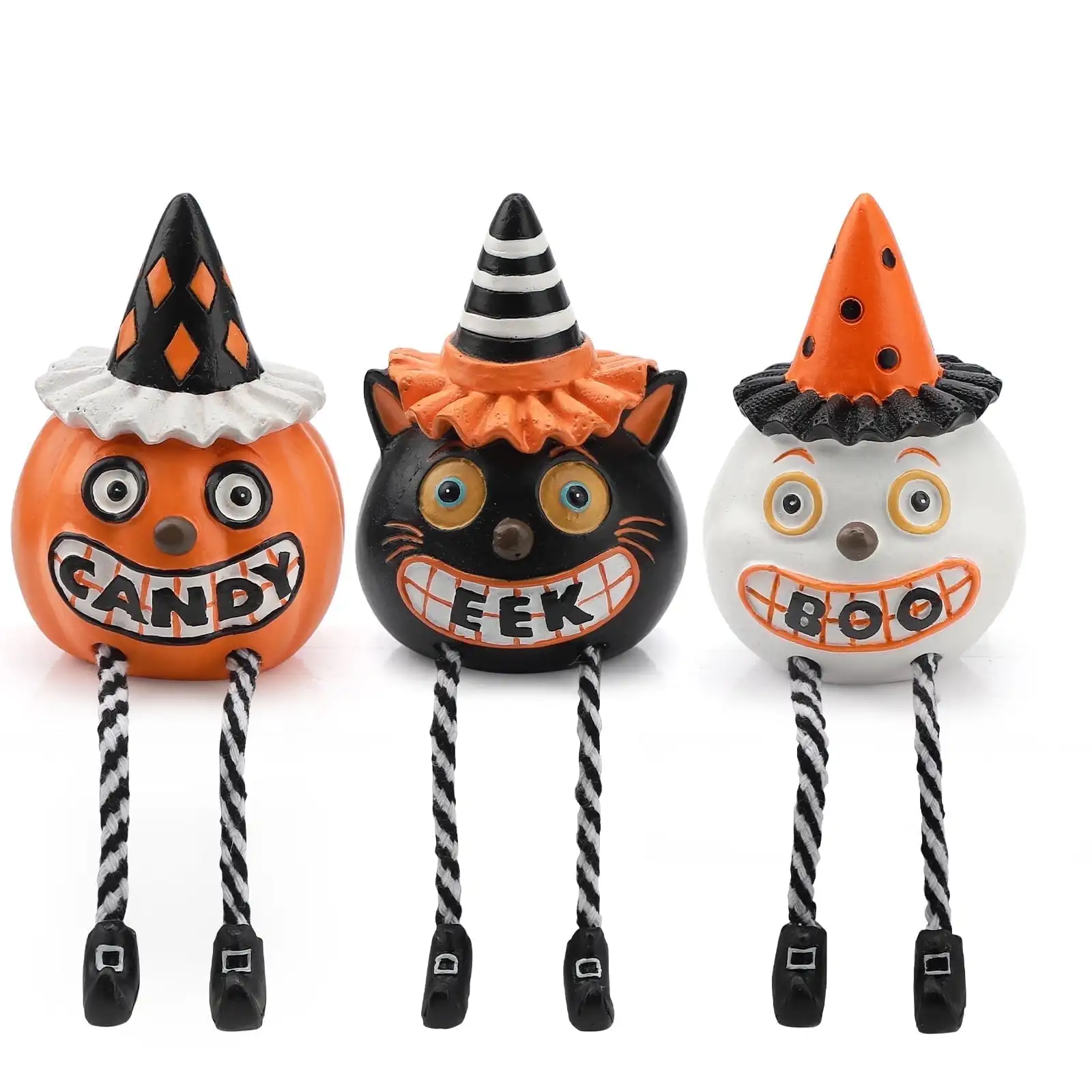 Vintage Halloween Figurines Indoor Decoration Pumpkin Ghost Cat with Dangling Legs Cute Resin Statues Table Decor Spooky Gift