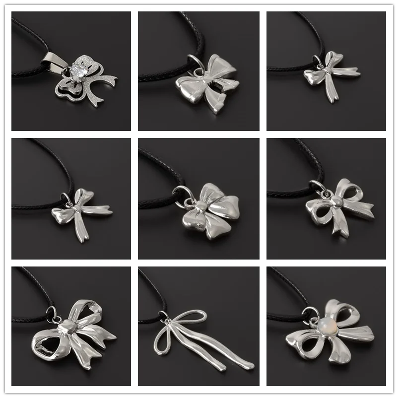 

Girl Jewelry y2k Silver Color Bowknot Pendant Stainless Steel Necklaces For Women Accessories Leather Chain Fashion Crystal Gift