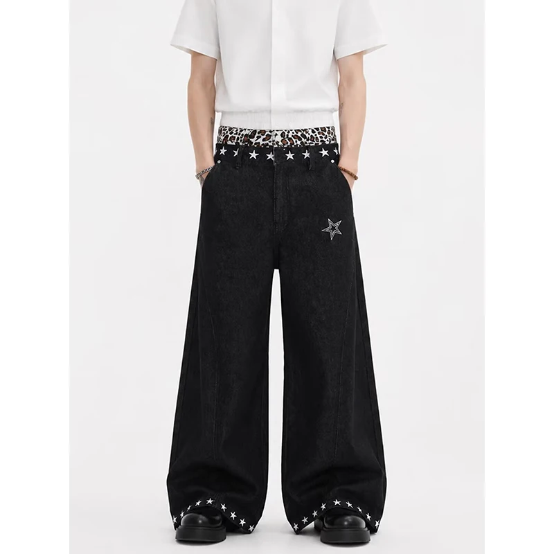 Fashionable Embroidery Rivet Loose Jeans Wide-leg  Man's Clothing Leopard Star Decor Denim Pants Streetwear Casual Trousers New