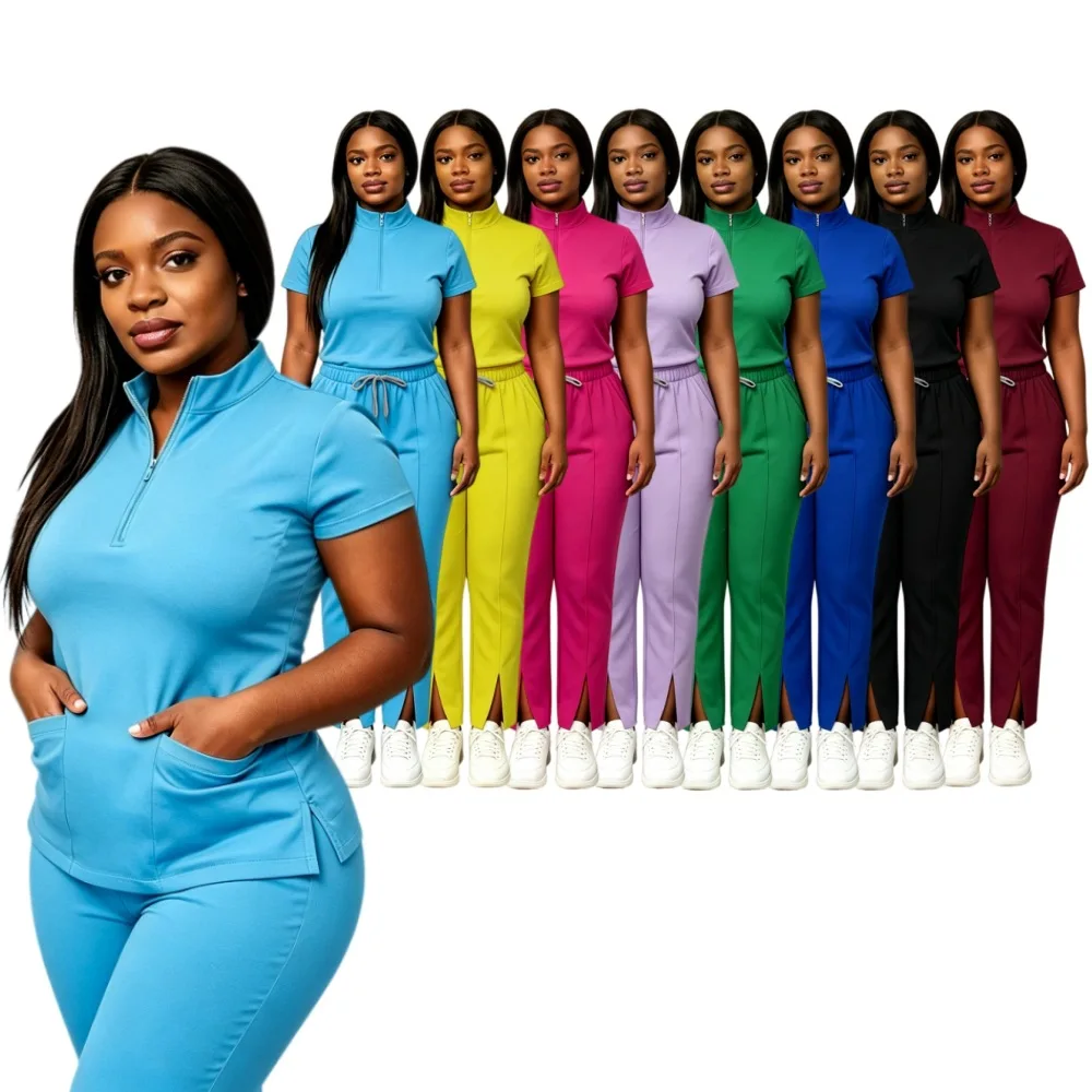 Half Zip Stand Collar Scrub Set Short Sleeve Top Drawstring Split Hem Pants Nurse Uniform Beauty SPA Salon Workwear Solid Color