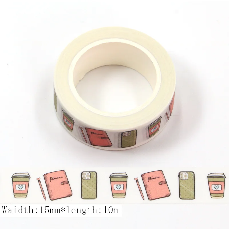 1PC 15mm*10m Mobile Phone Coffee and Planner Book Washi Tape Scrapbooking Paper Stationery Adhesive Masking Tape stickers