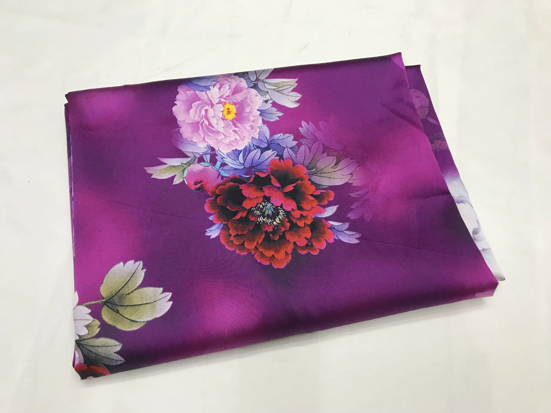 Rose Purple Peony Printed Elastic Silk Satin Fabric 19Momme Silk Cheongsam High-Definition Clothing Fabric