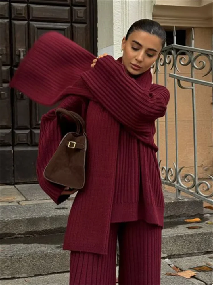 Fashion Burgundy Long Sleeve Sweater Pants Set Elegant Knitted Scarf Pullover Trousers Suits Autumn Winter Lady Warm Streetwears