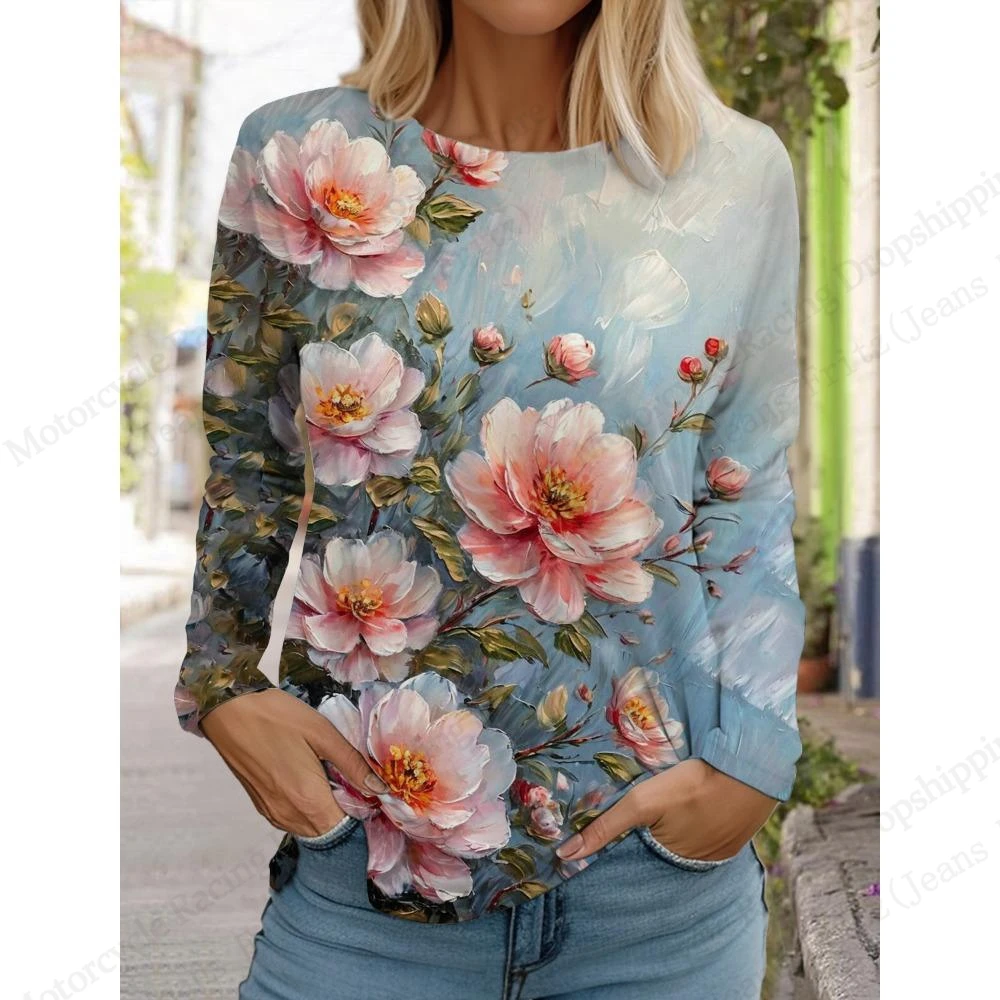 Novità Vari Stile Floreale 3d Stampa T-shirt Donna Moda Casual Oversize Manica Lunga Maglietta Donna Top Tees Autunno Inverno