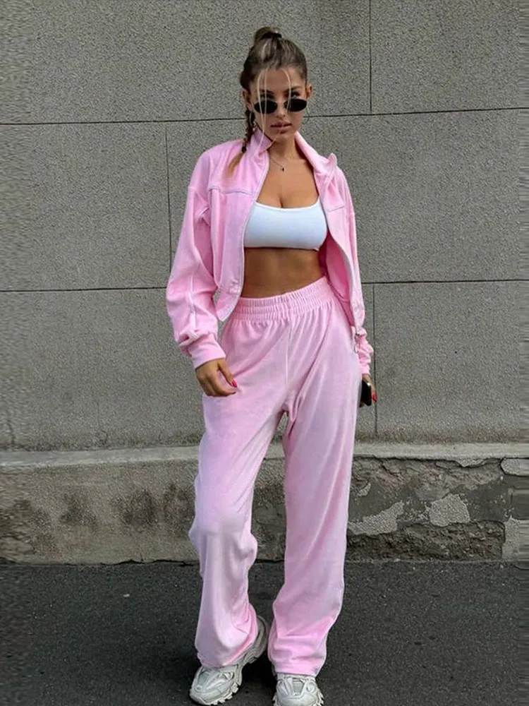 

Casual Loose Sport Women's Tops Pants Sets Solid Color Round Neck Zipper Short Cardigan Women Simple Fashion Wide Leg Pants Set