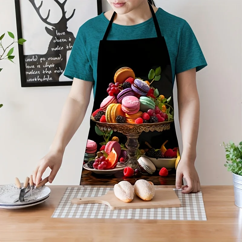 French Macaron Fruit Print Kitchen Apron - Gourmet Pastry & Berry Pattern Chef Bib for Baking Cooking