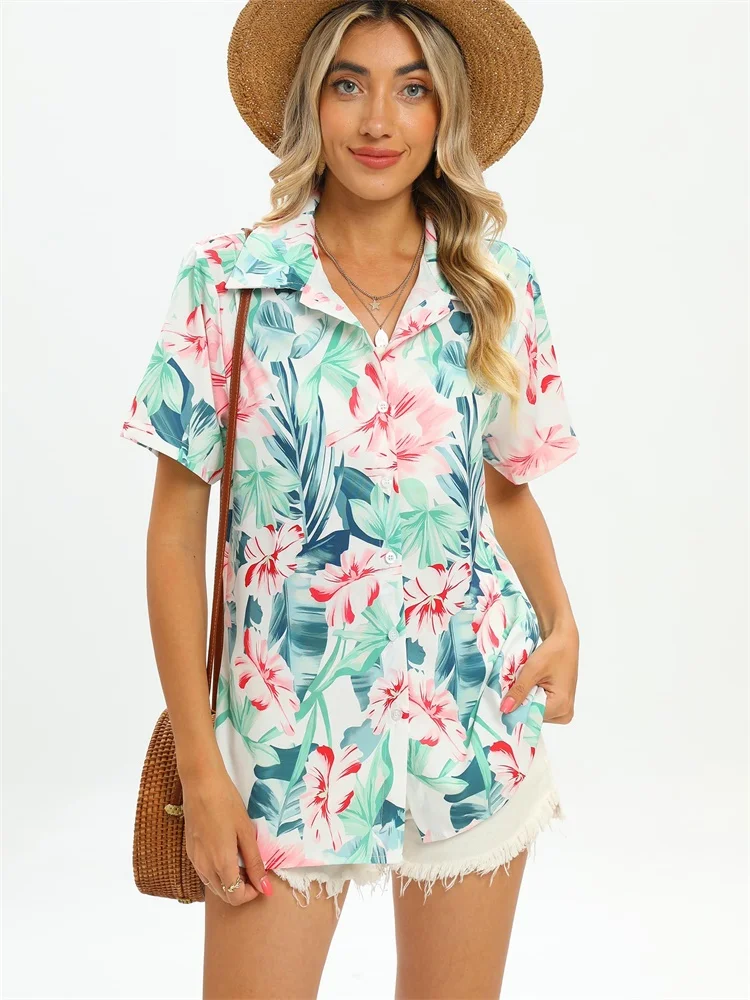 

Лето 202, женские рубашки с короткими рукавами и тропическими свежими цветочными принтами, модные и повседневные летние каникулы