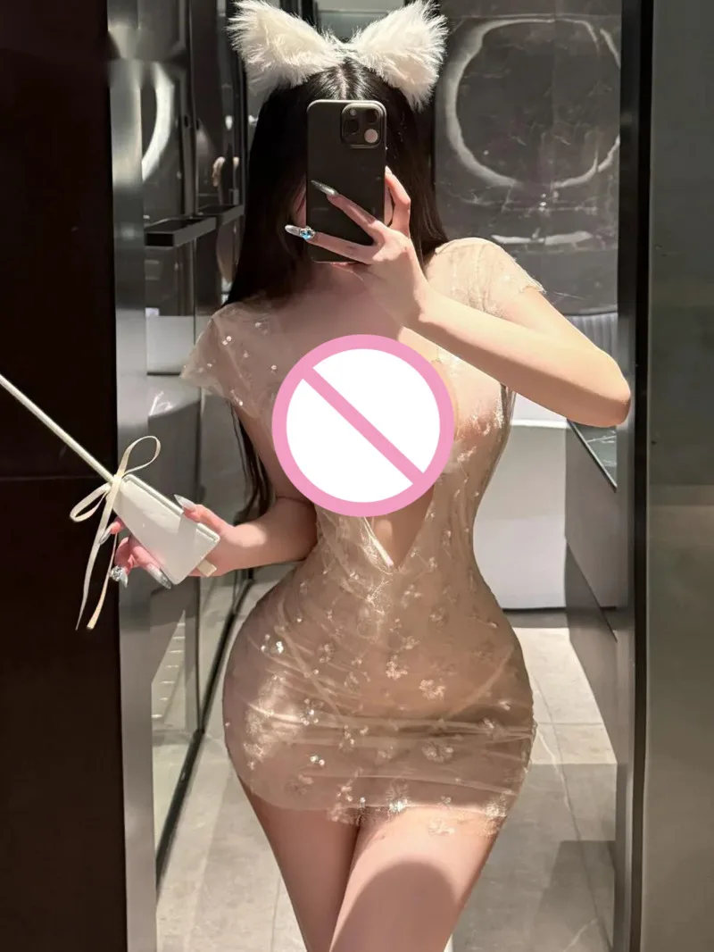 New Sexy Women's Sexy Transparent  Hot Shiny Nightclub Wear Hollow Floral Dress Backless Deep V Suspenders Sleeveless Dress 6L5O