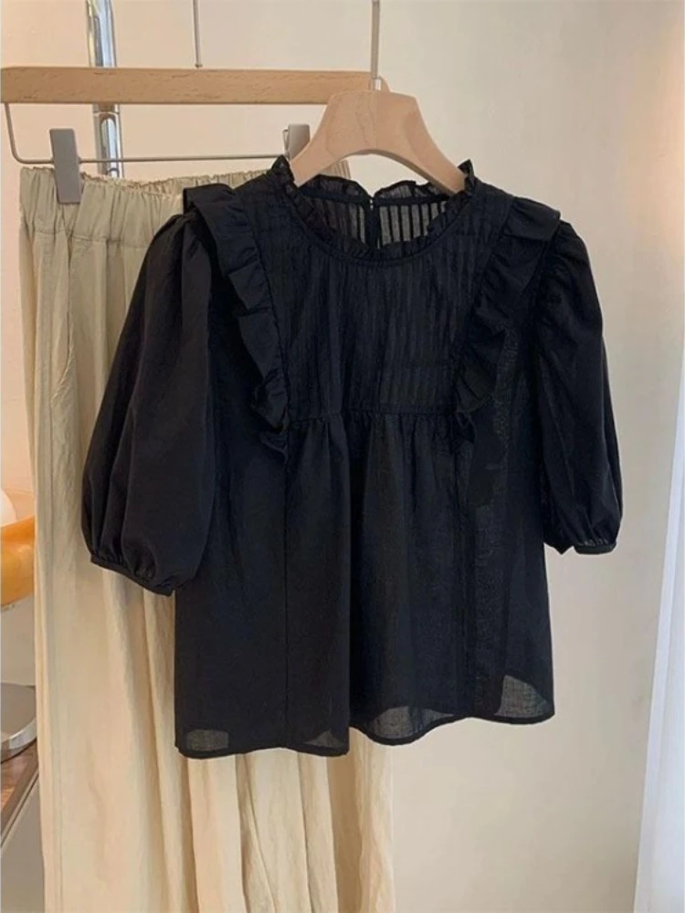 Elegant Vintage Black Shirts & Blouses Ruffles Aesthetic Shirt Women Fashion Trend All-match Tops Mujer Puff Short Crop Shirt