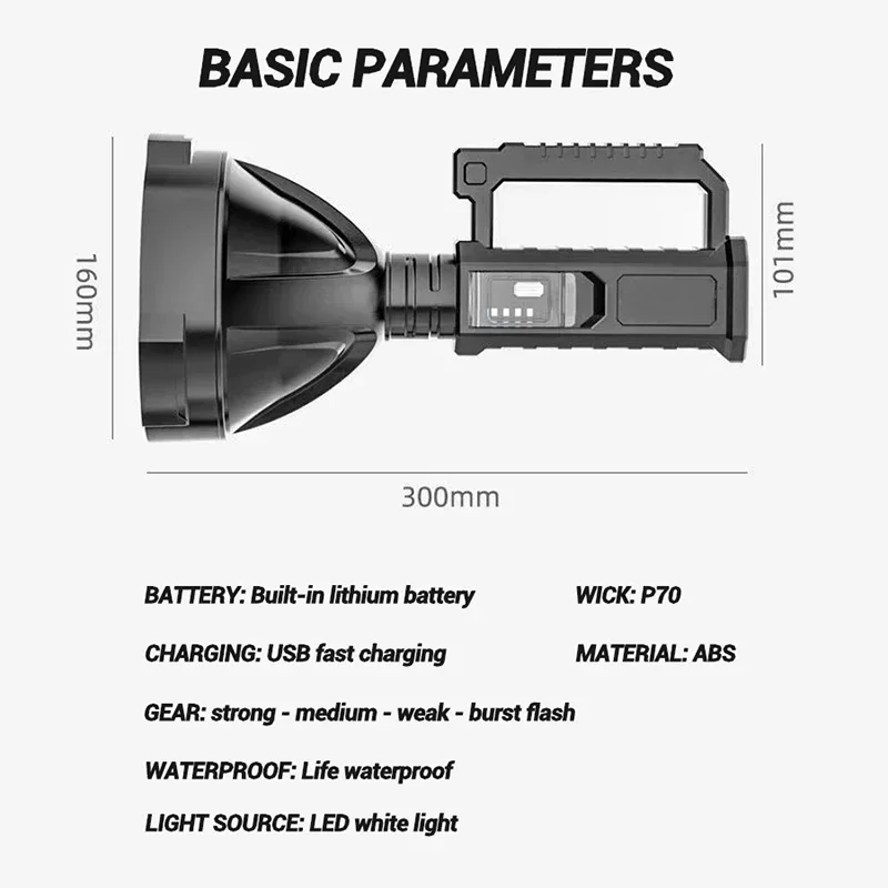 LED Flashlight Rechargeable StrongLight Waterproof Outdoor Super Bright Multifunctional Searchlight Handheld Lighting Work Light