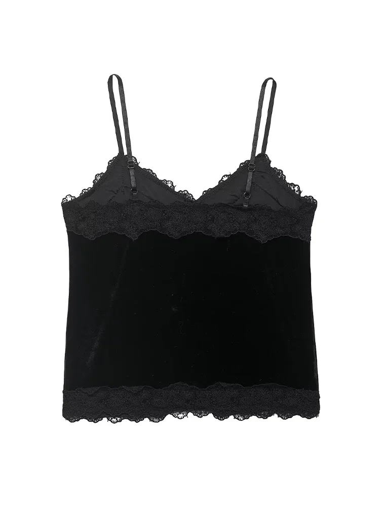 HH Frau Mode Französisch V-ausschnitt Schwarz Spitze Splice Dekoration Samt Sling Backless Sling Freizeit Ärmellose Sommer Kurze Tops