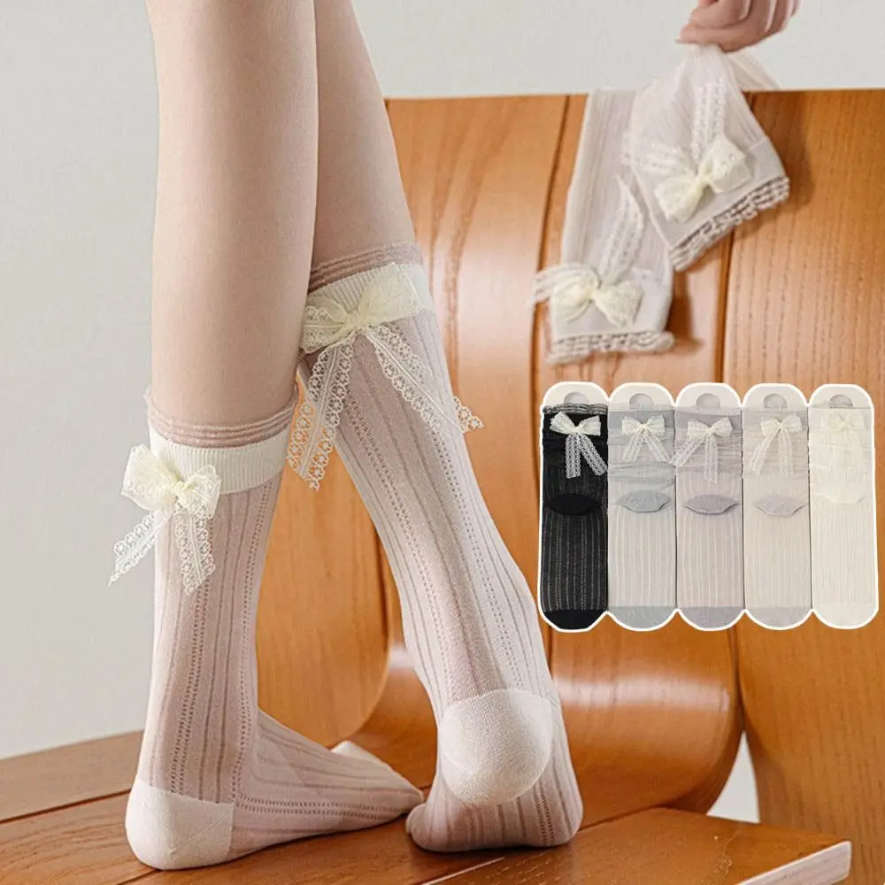 3Pairs Cute Ruffle Mesh Bowknot Socks Ballet Style Breathable Mid Tube Socks Lolita Female Hosiery Sweet Socks Women Lady