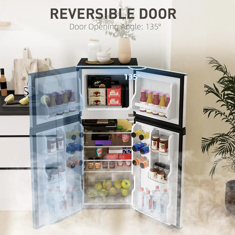 HOMCOM 4-Kühlschrank mit Gefrierfach, kompakter Doppeltür-Kühlschrank mit verstellbarem Thermostat, Regal und umkehrbarer Tür