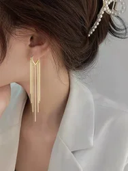 Korean Fashion Long Style Metal Tassel Ear Buckle Dangle Earrings for Women Wedding Anniversary Party Jewelry Gift Pendientes