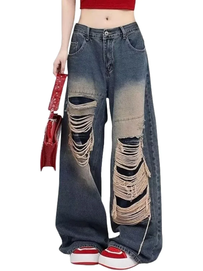 

Мешковатые джинсы для женщин и мужчин. Рваные прямые брюки. Потертые джинсы с высокой талией. Летняя одежда в стиле гранж Y2K.