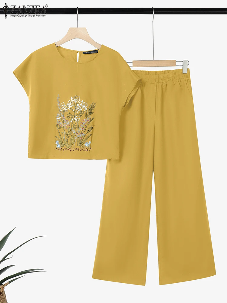 

2025 ZANZEA, летние брючные костюмы, женская одежда, комплекты из двух предметов, модная блузка с круглым вырезом и коротким рукавом, вышитая блузка, комплекты широких брюк