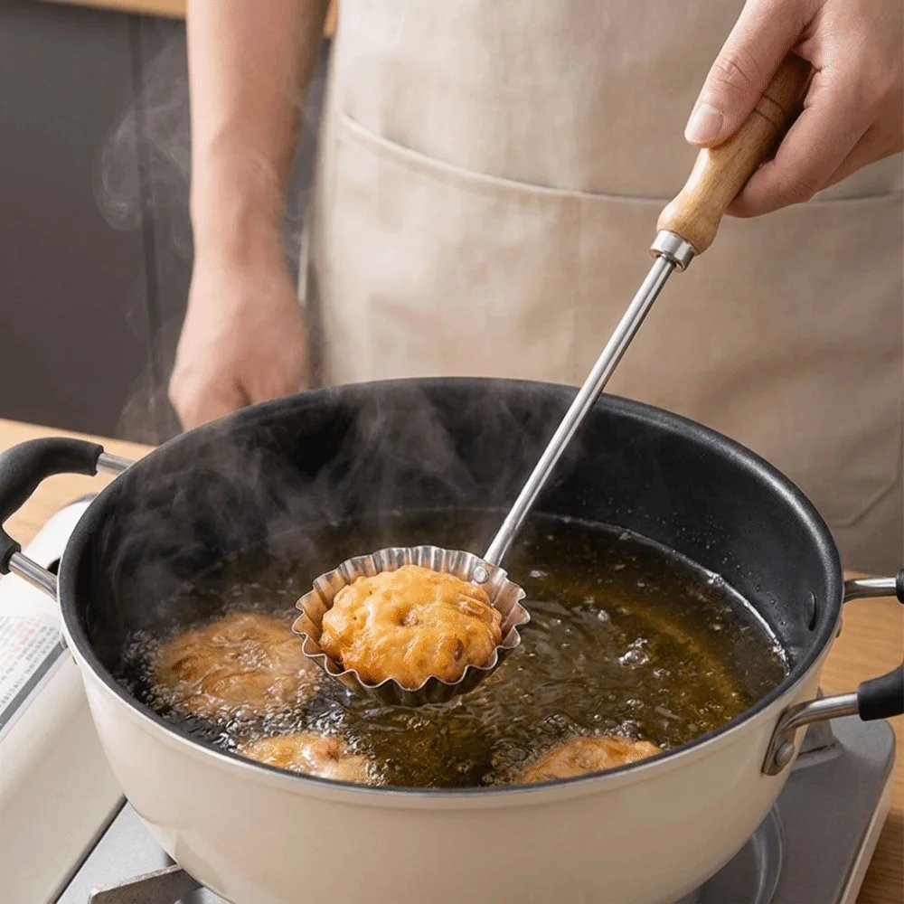 Non-Stick Fried Food Mold Stainless Steel Wooden Handle Shredded Radish Fritters Mold Heat Resistant Oil Pier Mold