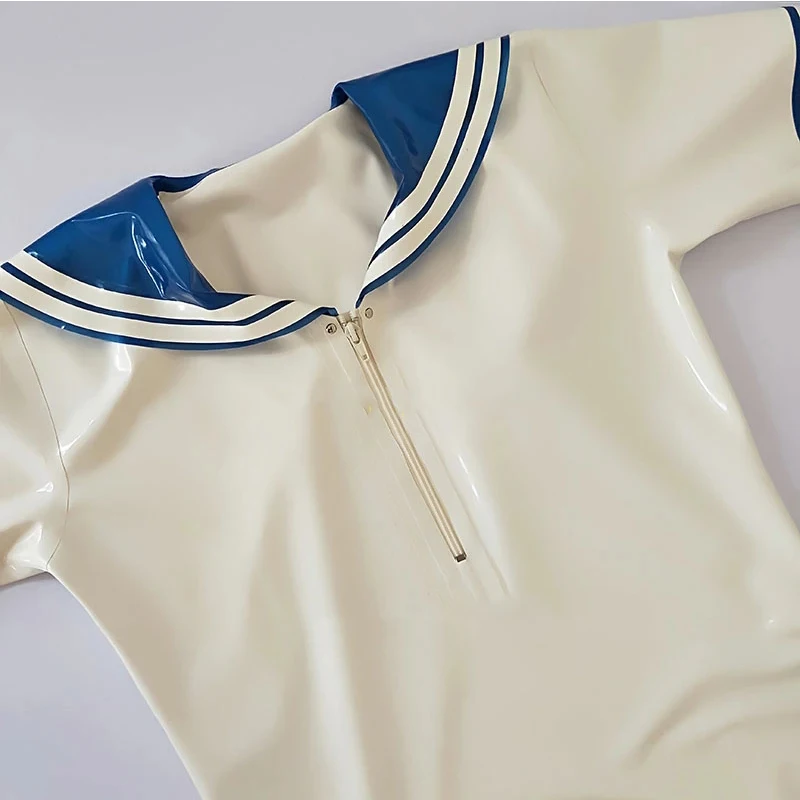 

Sexy White Latex Sailor Collar Bathing Swimsuit Cosplay Short Sleeve with Front Zip