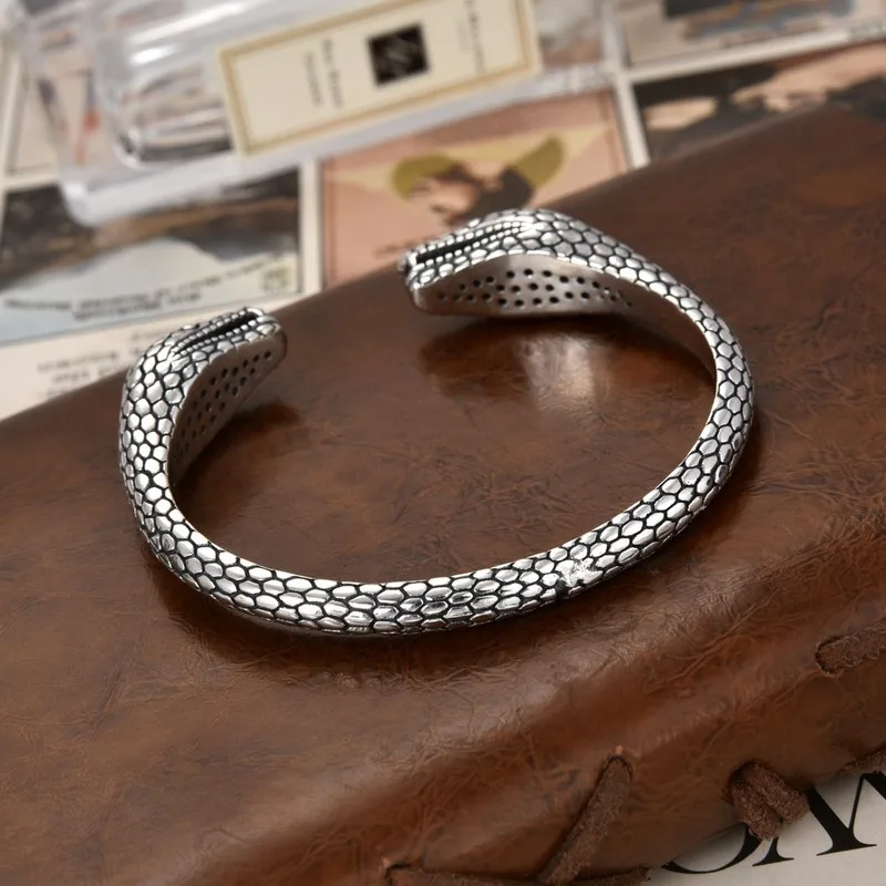 925 Sterling Silver Mesh Double Snake Bracelet Men, Vintage Open Bangle, Fashionable Ethnic Style