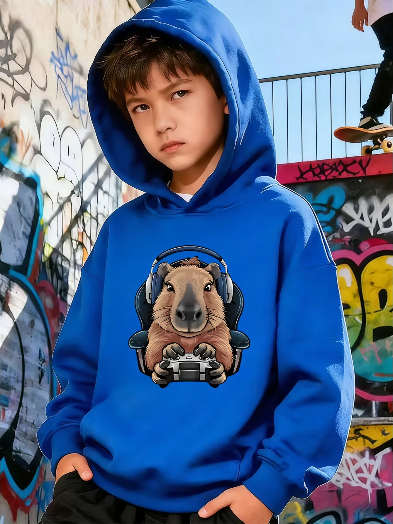 Teen Kids Capybara Gamer Gaming Graphic Printed Hoodie Grey Sweatshirt Casual Loose Autumn Winter Active Streetwear Top