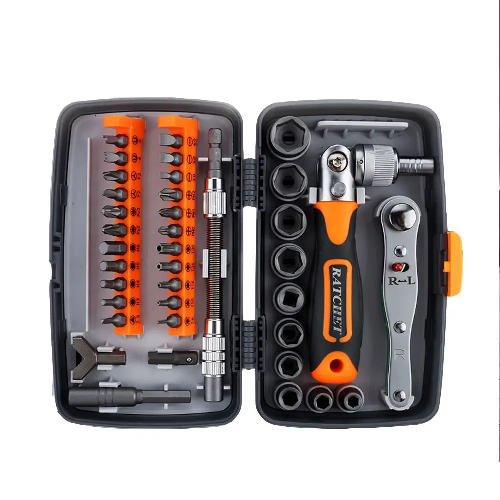 Pocket Tool Kit Ratchet Wrench Screwdriver Set Swivel Bit Head Flexible Shaft Sockets Bits Compact Storage Case for Home Auto