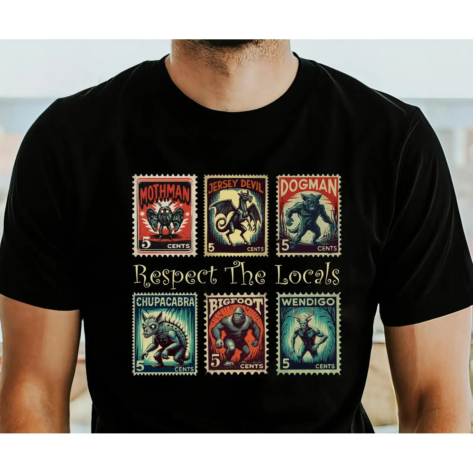 Cryptid Stamp T Shirt Respect The Locals Six Pack Unique Folklore  vintage Washed fashion Top For Everyday Wear homme Soft